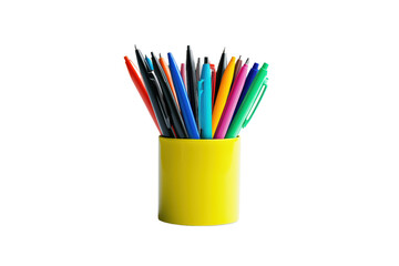 Colorful pens in a yellow holder isolated on transparent background.