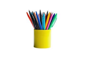 Colorful pens in a yellow holder isolated on transparent background.