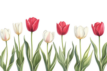 Fototapeta premium Colorful tulips in a row isolated on transparent background.