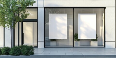 Building exterior of office or shop with white mock up poster hanging in the window. 