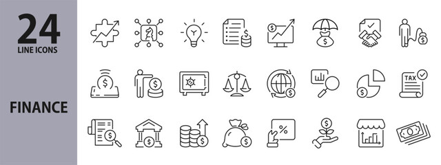 Finance line icons set with Money, Budget, Economy, Investments, Stocks, Bank, Currency, Credit, Payment and more. Editable Stroke