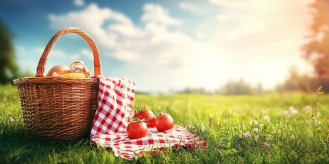 Empty picnic basket with tablecloth on grass meadow landscape background.