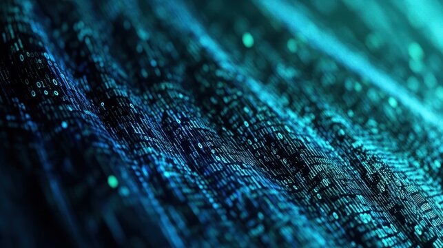 Abstract digital pattern of numbers representing binary code with a blue and green bokeh effect.