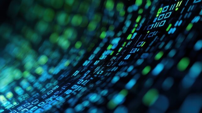 Abstract digital pattern of numbers representing binary code with a blue and green bokeh effect.