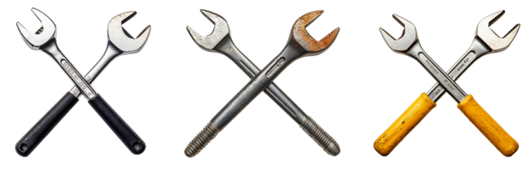 three crossed wrenches with contrasting designs and colors transparent background