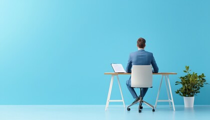 Fototapeta premium Professional businessman sitting at a desk with a laptop against a blue background, symbolizing work and productivity.