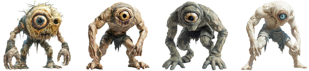 Four unique one-eyed creatures with different textures and features transparent background