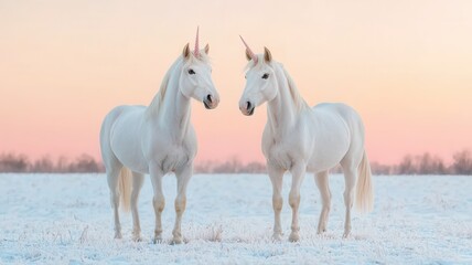 Obraz premium Two majestic white unicorns stand gracefully in a snowy landscape, with a soft pastel sky creating a serene and enchanting atmosphere.