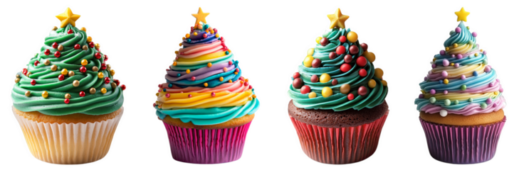 Colorful holiday cupcakes decorated like Christmas trees with transparent background