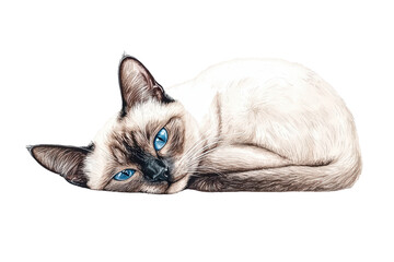 Siamese cat resting isolated on transparent background.
