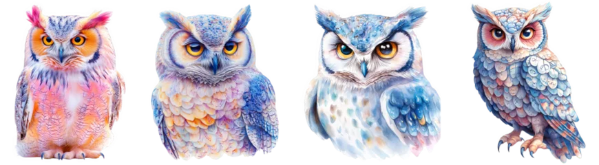 Fotobehang Colorful owls perched artistic illustration vibrant style transparent background © Loony Dream Designs