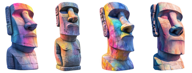Colorful Easter Island Moai Statues Artistic Representation transparent background