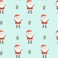 Seamless pattern with christmas and ortaments and cute watercolour Santa 