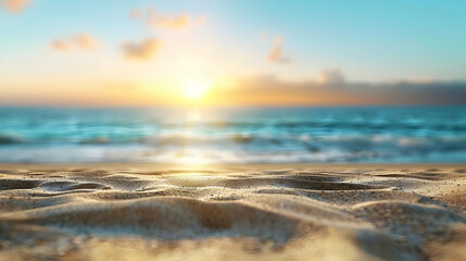 Obraz premium Close-up View of Sandy Beach with a Blurred Background of Ocean Waves and a Sunset Sky