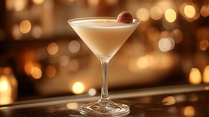 Smooth lychee martini cocktail with strawberry garnish in a stylish glass, set against a blurred background