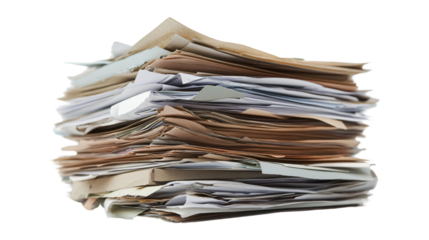 Large pile stack of business documents papers administrative office corporate isolated on transparent background