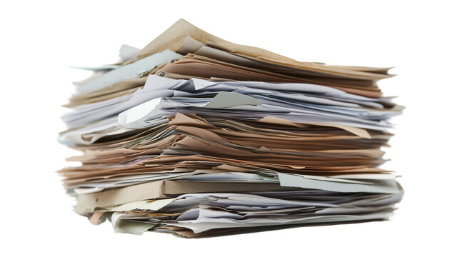 Large pile stack of business documents papers administrative office corporate isolated on transparent background