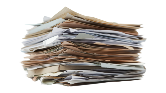 Large pile stack of business documents papers administrative office corporate isolated on transparent background