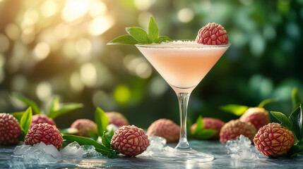 Tropical lychee cocktail with mint garnish in a martini glass, surrounded by fresh lychees