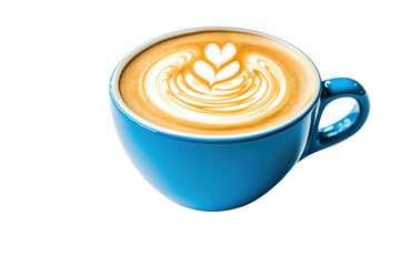 A beautifully crafted latte with intricate milk art in a vibrant blue cup, perfect for coffee lovers and cafe aesthetics.