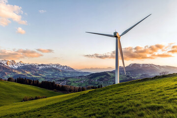 Majestic wind turbine overlooking scenic alpine landscape, green hills and snow-capped mountains at sunset, symbolizing renewable energy and environmental sustainability