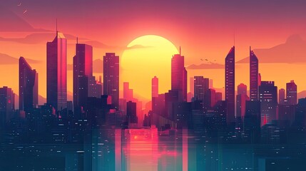 Fototapeta premium A futuristic city skyline at sunset. Modern business office skyscrapers