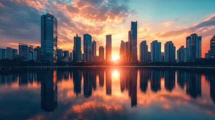 Fototapeta premium A futuristic city skyline at sunset. Modern business office skyscrapers