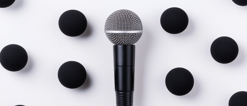 A close-up of a professional microphone surrounded by black circular shapes on a clean white background, ideal for music and performance themes.