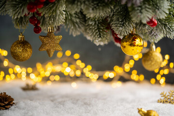 Christmas Holiday background with snow, fir tree and decorations with christmas light behind. Christmas golden balls on a winter festive background.