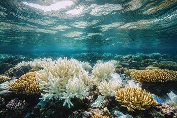 Obraz premium A coral reef damaged by pollution, bleached corals and discarded plastic debris, shot underwater with natural light filtering through the water, captured from a macro perspective
