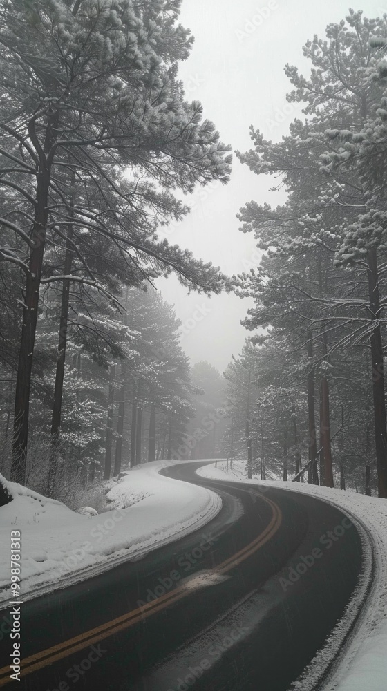 Poster a snowy road with trees in the background