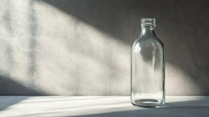 Obraz premium A translucent glass bottle, standing tall and simple, with light shining through its clear form, casting a soft glow on the surroundings