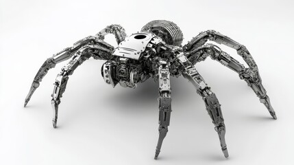 Robotic spider with intricate metallic design on a white background showcasing advanced technology and futuristic engineering.