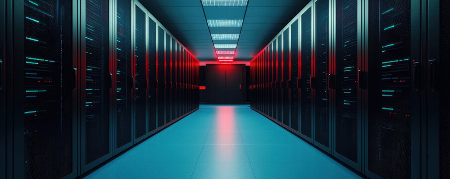 secure server room featuring advanced cybersecurity technology, illuminated by red and blue lights, creates high tech atmosphere. rows of servers reflect modern data storage solutions