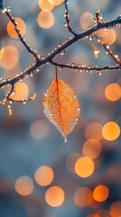 Yellowed Leaf on Tree with Dew Drops on Branch, Blurred Background, Photo Realistic, Pattern Background, Wallpaper, Cover and Screen for Smartphone, PC, Laptop, 9:16 and 16:9 Format