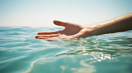 Hand outstretched in the ocean water, reaching out towards the horizon.