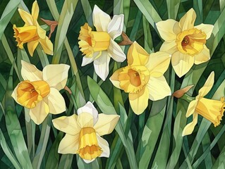 Fototapeta premium A vibrant arrangement of yellow and white daffodils in lush green grass, symbolizing renewal and beauty.