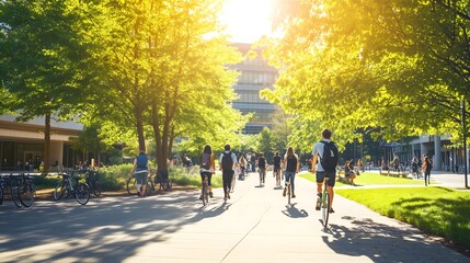 Bustling university campus during midday, with students walking between classes, socializing, and riding bikes