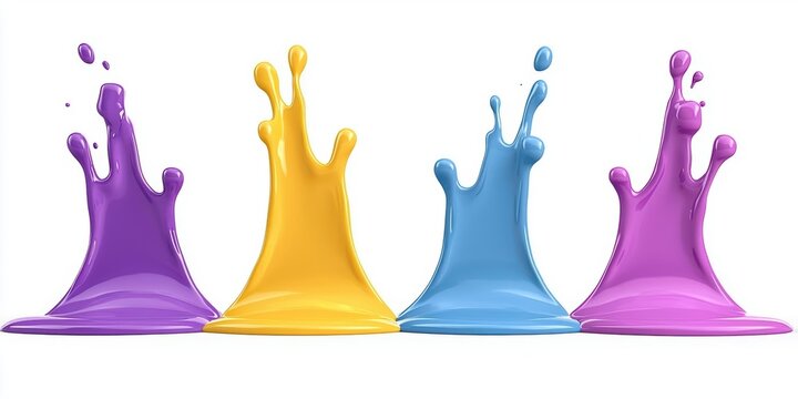 Colorful paint splashes in yellow, purple, and blue on a white background.