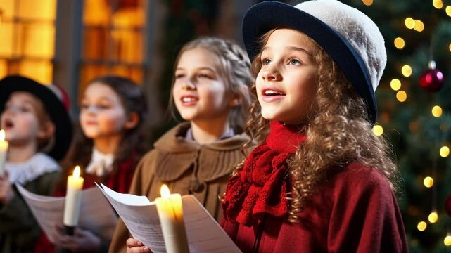 Group of children singing christmas carols, holding candles and songbooks, celebrating christmas with joy and happiness