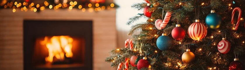Obraz premium A cozy Christmas scene featuring a decorated tree and a warm fireplace, perfect for holiday spirit and decoration ideas.