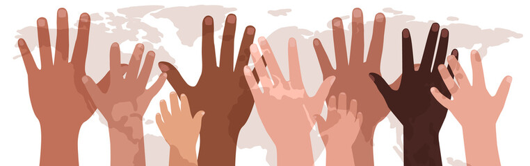 Banner with diverse hands ahead world map. Modern flat illustration