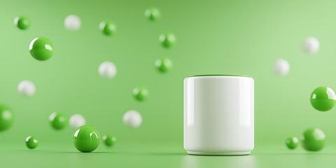 White cylinder on vibrant green background with floating green and white spheres.