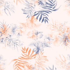 Tropical palm trees and flowers silhouettes. Tropical Palm leaves, seamless Tropical background pattern. Monotone Tone in Tone color . Vintage Palm leaves tropical fabric design. © sumonsharif