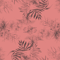Monotone Tone in Tone color . Vintage Palm leaves tropical fabric design. Tropical palm trees and flowers silhouettes. © sumonsharif