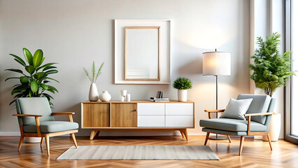Home mockup, minimalist room interior with retro furniture, 3d render, white Mock up frame