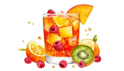 Glass of tropical fruit soda with mango, peach, and raspberry, surrounded by kiwi and citrus, bright yellow, effervescent and refreshing summer beverage