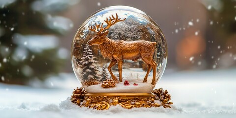 Elegant snow globe featuring a majestic golden reindeer in a snowy winter wonderland, surrounded by pine trees and snowflakes.