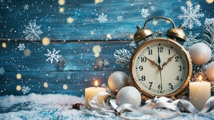 Clock with Snow and Ornaments