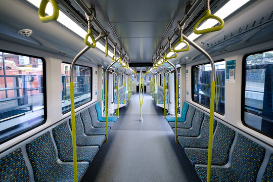 SYDNEY, NEW SOUTH WALES, AUSTRALIA - SEP 12, 2024: Inside the saloon of the Sydney Metro North West and Bankstown Line. The train is Metropolis Stock manufactured by Alstom.